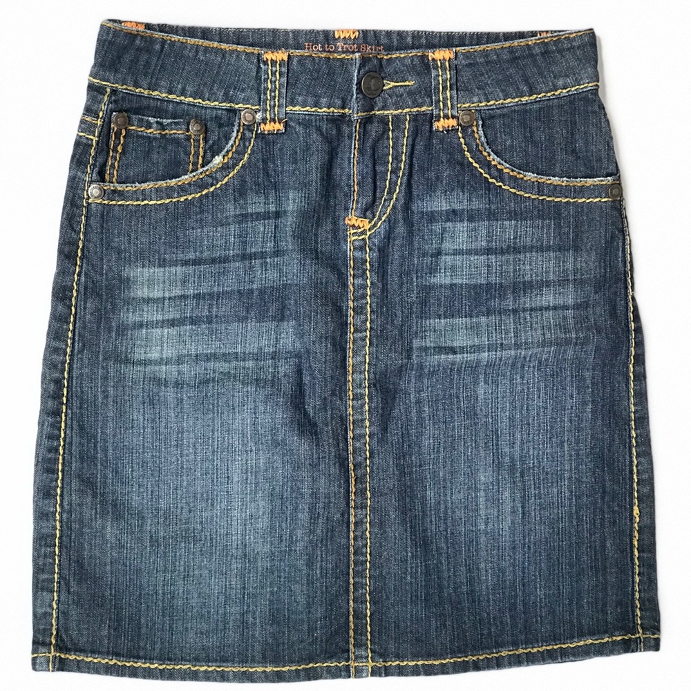 Hot to Trot Denim Skirt Dark Wash Distressed XS